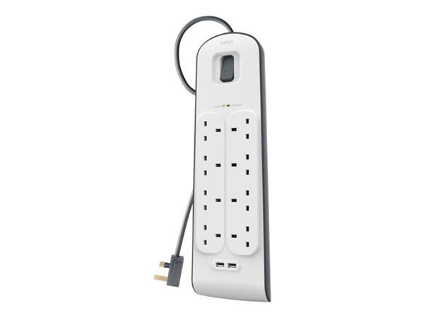 Belkin 8 Way Surge Protection Strip - 2m with 2 x 2.4amp USB Charging
